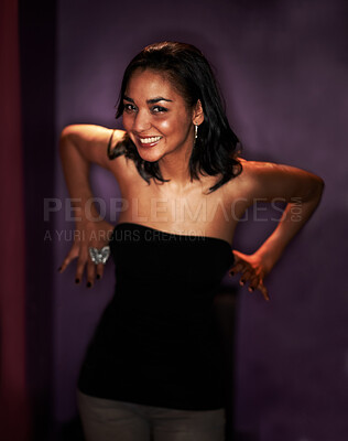 Buy stock photo Woman, smile and happy in portrait at nightclub, energy and excited by wall. Mexican female person, positive and crazy at event, party and fun or fashion, cool and trendy or stylish clothing in dark