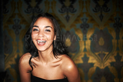 Buy stock photo Woman, happy and laugh at nightclub in portrait, laughing and funny or enjoy at event, fun and relax. Mexican female person, smile and positive at party, energy and excited on face, comedy and club