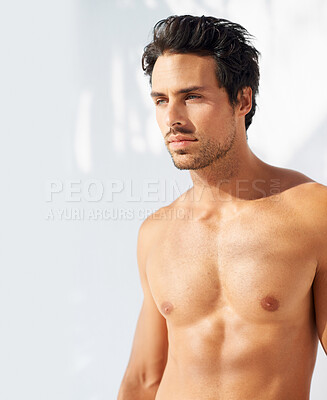 Buy stock photo Thinking, man body and shirtless outdoor in the sun with idea and calm with memory and style. White background, model and contemplating with relax person from California in sunshine with confidence