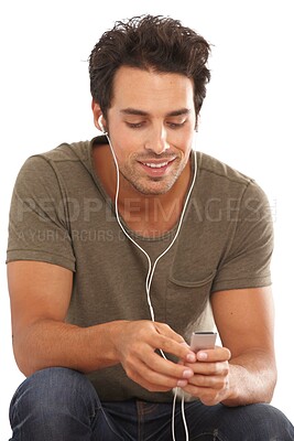Buy stock photo Man, player or earphones with relax for podcast, music or radio streaming for break in studio or mock up. Person, face or listen with technology for sound, song or audio for peace on white background