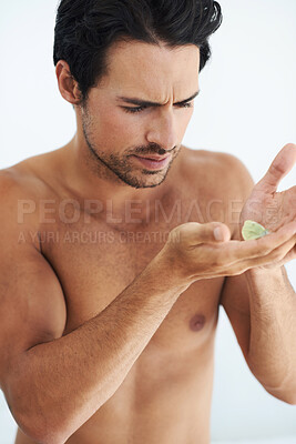 Buy stock photo Nature, wildlife and a shirtless man with a butterfly in his hands for fragile, delicate or gentle care. Body, ecology or conservation and a young person holding a flying insect to nurture in trust