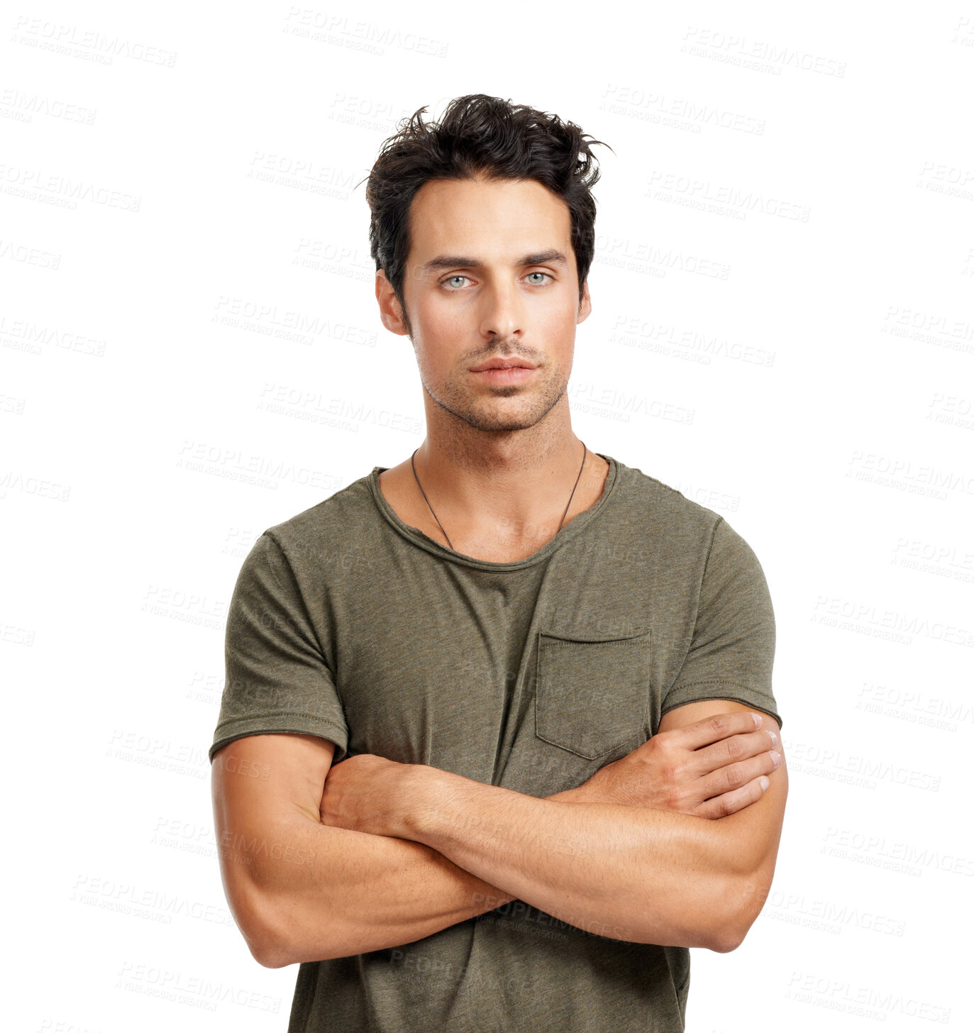 Buy stock photo Serious, crossed arms and portrait of man in studio with casual, stylish and trendy outfit for confidence. Handsome, young and male person with cool style and positive attitude by white background.