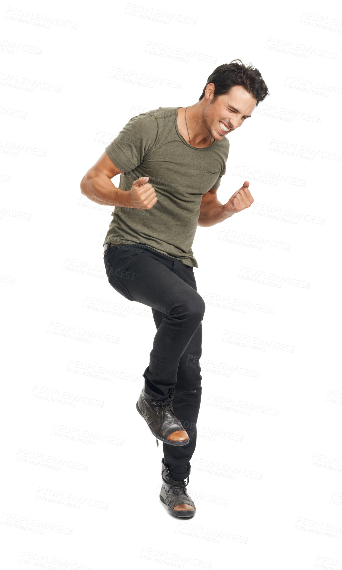 Buy stock photo Man, happy and jumping for celebration, smile and energy by white background in studio. Male person, freedom and victory or winner, carefree and ecstatic for achievement in competition or excited