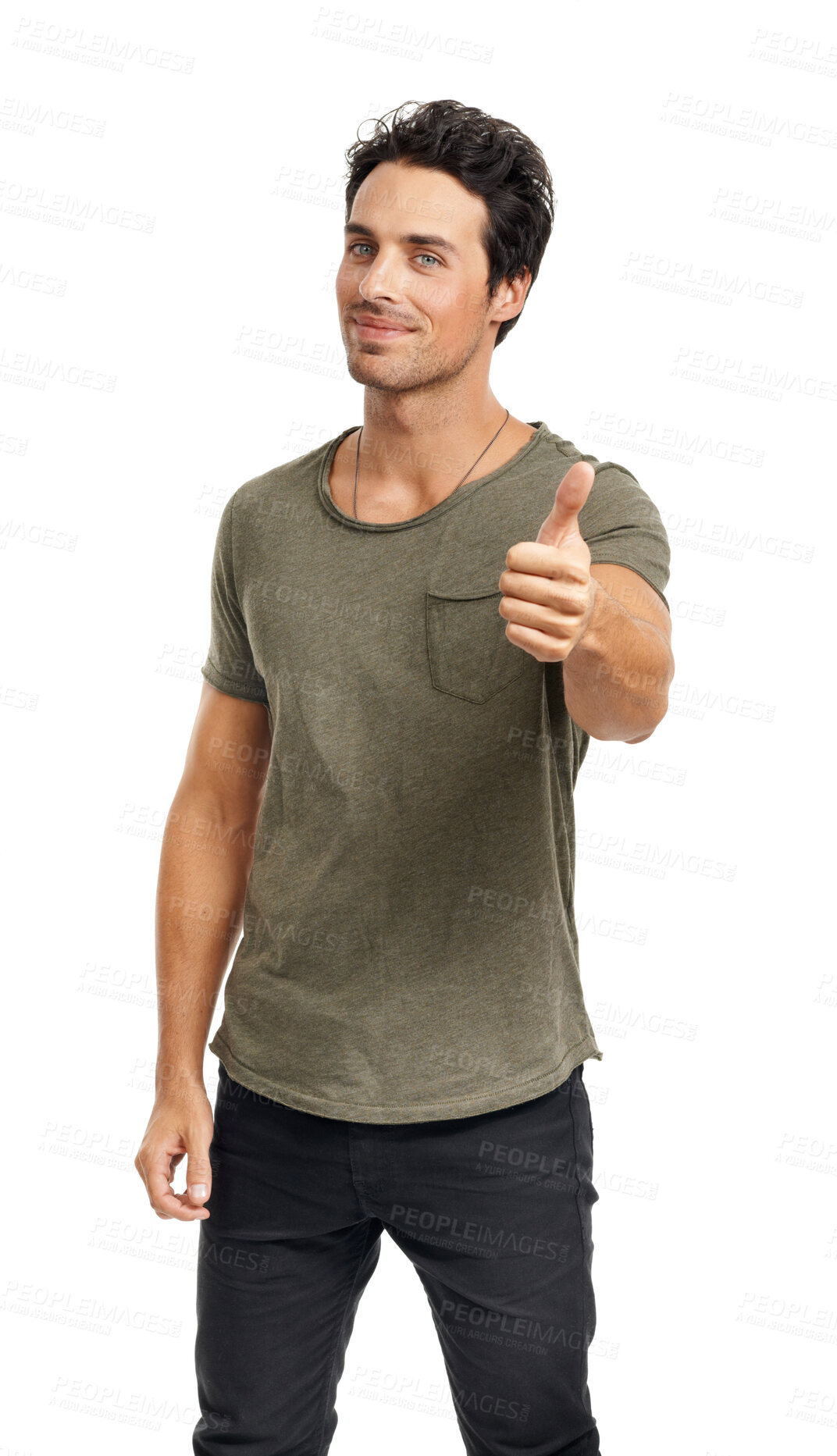 Buy stock photo Smile, thumbs up and portrait of man in a studio for agreement, good or positive expression. Happy, fashion and handsome young male model with approval hand gesture isolated by white background.