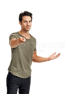 Buy stock photo Happy, pointing and portrait of man in a studio for direction, option or choice expression with confidence. Smile, fashion and handsome young male model with a show hand gesture by white background. 