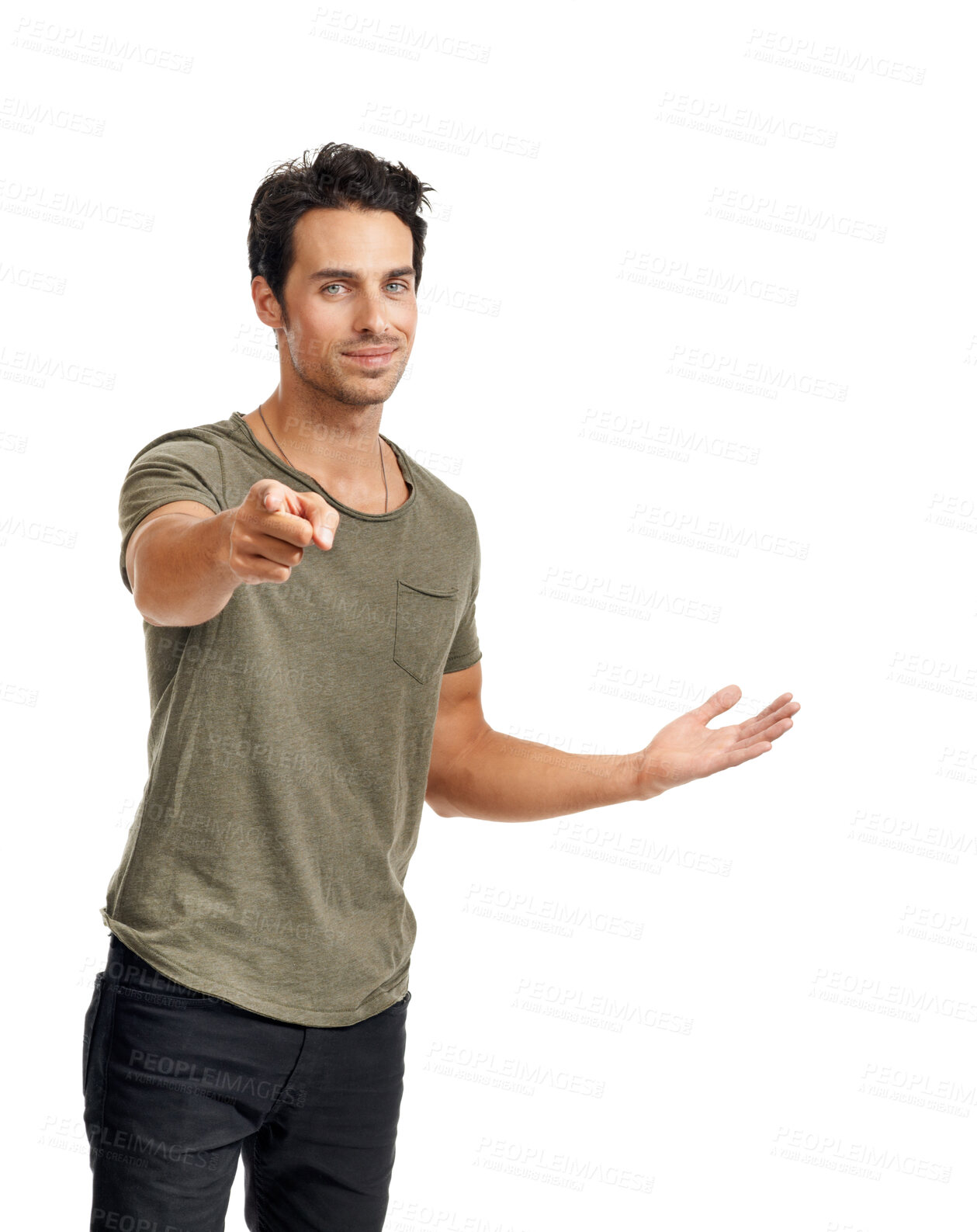 Buy stock photo Happy, pointing and portrait of man in a studio for direction, option or choice expression with confidence. Smile, fashion and handsome young male model with a show hand gesture by white background. 