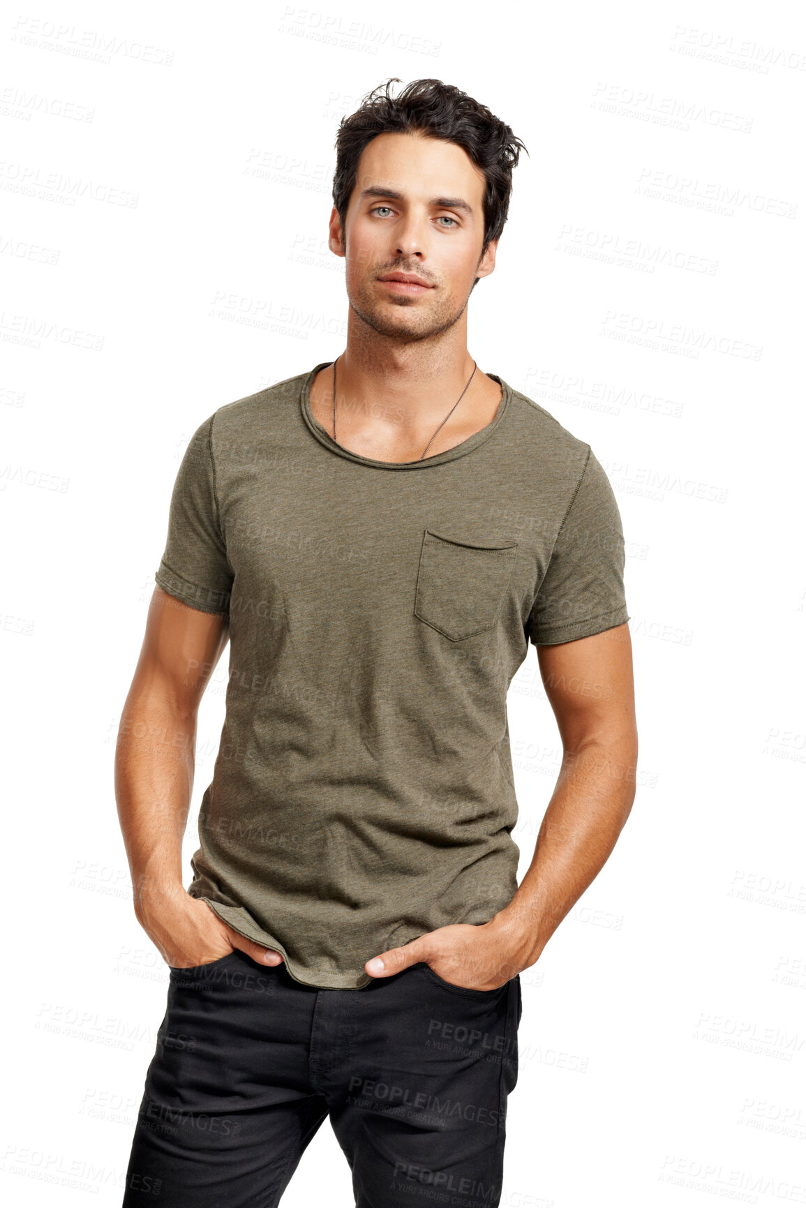 Buy stock photo Man, portrait and fashion confidence in studio or relax style, isolated mockup space or white background. Male person, model and face in casual look or trendy clothes for cool weekend, outfit or calm