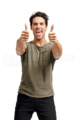 Buy stock photo Thumbs up, happy and portrait of man in studio with positive, good and confident attitude. Smile, excited and male person with approval, agreement or success hand gesture isolated by white background