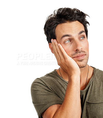 Buy stock photo Man, thinking and dream for future, ideas and inspiration in white background or studio. Creative, insight and person plan opportunity for goals, vision or brainstorming a decision or choice mockup