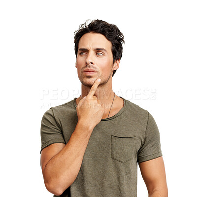Buy stock photo Thinking, question and young man in a studio for choice, decision or options facial expression. Planning, guess and male person with brainstorming or dreaming face isolated by white background.