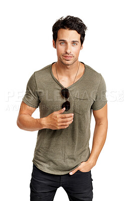 Buy stock photo Man, portrait and fashion confidence in studio for white background and cool style, edgy clothes or mockup space. Male person, face and sunglasses for eyewear summer look, relaxing, peaceful or pride