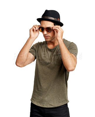 Buy stock photo Man, sunglasses and hat in fashion for cool style, mindset or attitude against a white studio background. Face of handsome and attractive young male person or model posing in stylish casual clothing