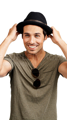 Buy stock photo Happy man, hat and fashion in style for cool, mindset or positive attitude against a white studio background. Handsome or attractive young male person or model smile with cap in casual clothing