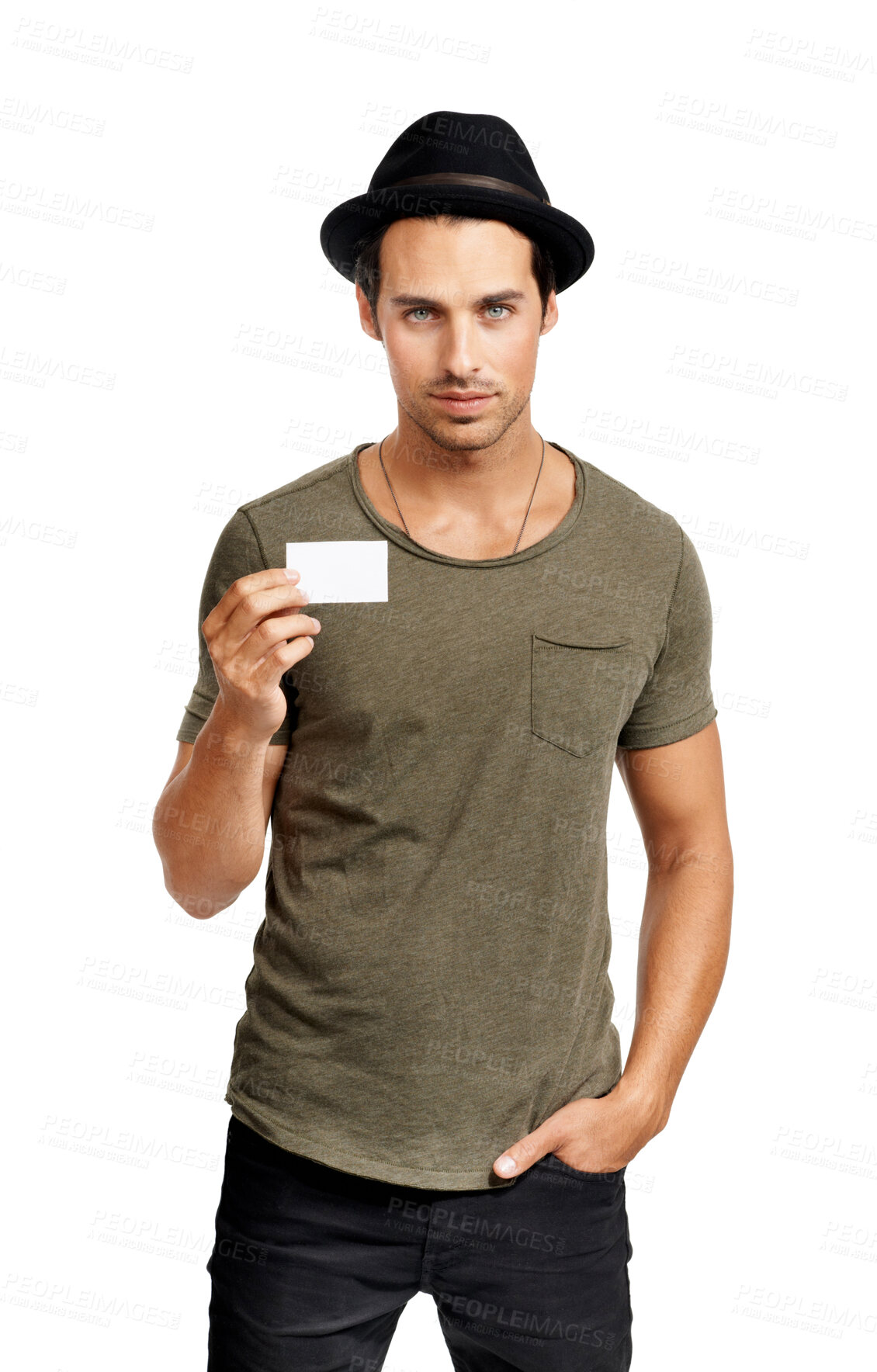 Buy stock photo Man, portrait and business card mockup or advertising for 
networking, contact us or communication. Male person, face and placard as fashion stylist on white background for poster, services in studio
