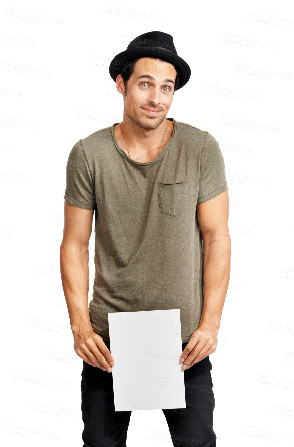 Buy stock photo Man, portrait and poster mockup in studio for information news, communication or announcement. Male person, model and white background for advertising details for contact us, promo or service note