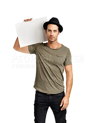 Buy stock photo Man, portrait and poster mockup in studio for advertising fashion, communication or announcement. Male person model and white background for billboard details for contact us promotion or service note