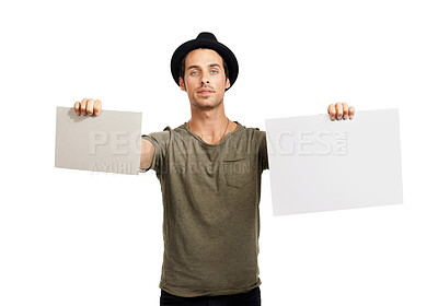 Buy stock photo Man, portrait and billboard signs in advertising or marketing against a white studio background. Handsome or attractive young male person showing poster or placard for message, notification or mockup