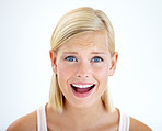 Portrait, surprise and woman in shock, mouth open and isolated on a white studio background. Face, wow and amazed model, young girl or blonde person with omg facial expression, announcement or gossip