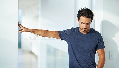 Buy stock photo Man, thinking and sad or loss in home as lonely expression, mental health or depressed. Male person, thoughts and anxiety stress or disappointed frustrated or burnout, unhappy distress or fear risk