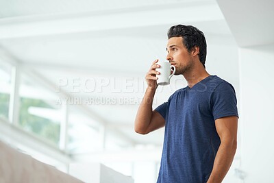 Buy stock photo Man, thinking and coffee drink for breakfast wellness, vacation latte or weekend relax. Male person, cup and caffeine cappuccino in morning or mug for happiness in apartment espresso, peace or calm