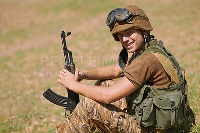 Buy stock photo Military, warrior and smile with portrait of man in nature for war, conflict and patriotism. Army, surveillance and security with person training on battlefield for soldier, courage and veteran