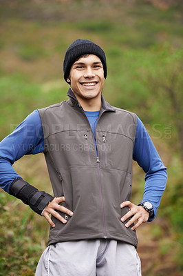 Buy stock photo Portrait, runner or happy man in forest ready for a workout, exercise or fitness training in park, woods or nature. Pride, confident sports person or healthy athlete with smile, wellness or energy