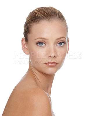 Buy stock photo Woman, portrait and beauty with skincare in studio for glowing face, wellness and dermatology or serious. Model, person or confidence with cosmetics, collagen or botox treatment on white background