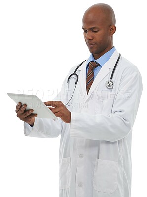 Buy stock photo Doctor, black man and tablet in studio for healthcare, clinical software and research on white background. Surgeon, medical worker and scroll on digital technology for information, app and telehealth