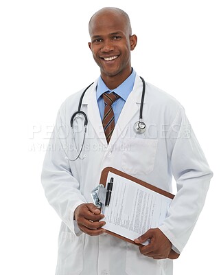 Buy stock photo Black man, portrait and doctor with clipboard in studio, planning notes and healthcare information on white background. Happy medical worker with paperwork for insurance checklist, medicine or script