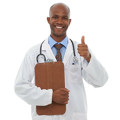 Buy stock photo Studio, black man and portrait of happy doctor with thumbs up for good medical results, medicine report or agreement vote. Clipboard, yes emoji icon or nurse with success feedback on white background