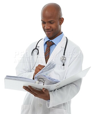 Buy stock photo Studio, black man and doctor reading paperwork of medical records, medicine report or research data. Hospital documents, healthcare information or cardiologist with archive folder on white background