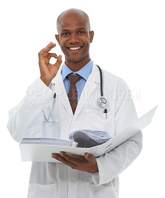 Buy stock photo Documents, black man or portrait of doctor with ok gesture for good medical records, health report or test results. Archive folder, okay sign or studio nurse with success feedback on white background