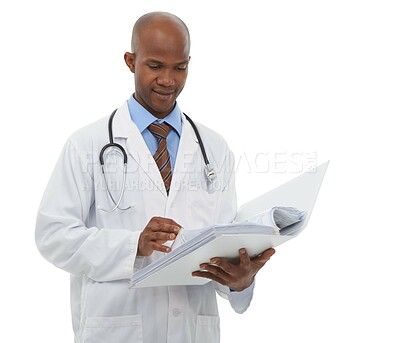 Buy stock photo Medical, black man and doctor reading paperwork of hospital records, medicine report or clinic research binder. Documents, healthcare studio and surgeon analysis of archive folder on white background