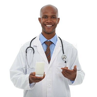 Buy stock photo Portrait, black man and happy doctor point at milk for healthy bones, studio nutrition or calcium benefits. Beverage glass, hydration drink or African dietician with dairy product on white background