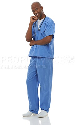 Buy stock photo Doctor, thinking and happy portrait with man in healthcare on white background of studio. Confident, nurse and smart surgeon with pride for solution in medicine, clinic or hospital mock up space