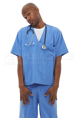 Buy stock photo Confused, nurse and portrait with doubt or question for healthcare in white background of studio. Frustrated, black man and annoyed doctor thinking about mistake, fail or accident in medicine