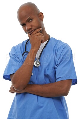 Buy stock photo Confused, doctor and portrait with question or thinking of decision in healthcare in white background of studio. Frustrated, black man and annoyed surgeon with mistake, fail or accident in medicine