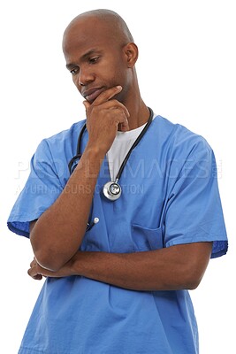 Buy stock photo Nurse, thinking and man with a question in medicine or healthcare in white background of studio. Frustrated, surgeon or confused doctor with problem solving, decision or choice in clinic and hospital
