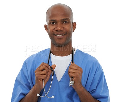 Buy stock photo Stethoscope, black man and studio portrait of doctor for heartbeat, breathing or health assessment. Healthcare exam, medical equipment and African surgeon with cardiology tools on white background
