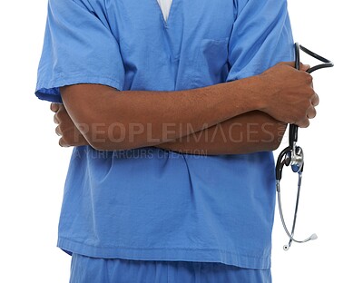 Buy stock photo Doctor, arms crossed or hands of person with stethoscope for heartbeat, breathing or health exam. Healthcare surgeon, job experience or closeup of nurse for cardiology support, help or clinic service
