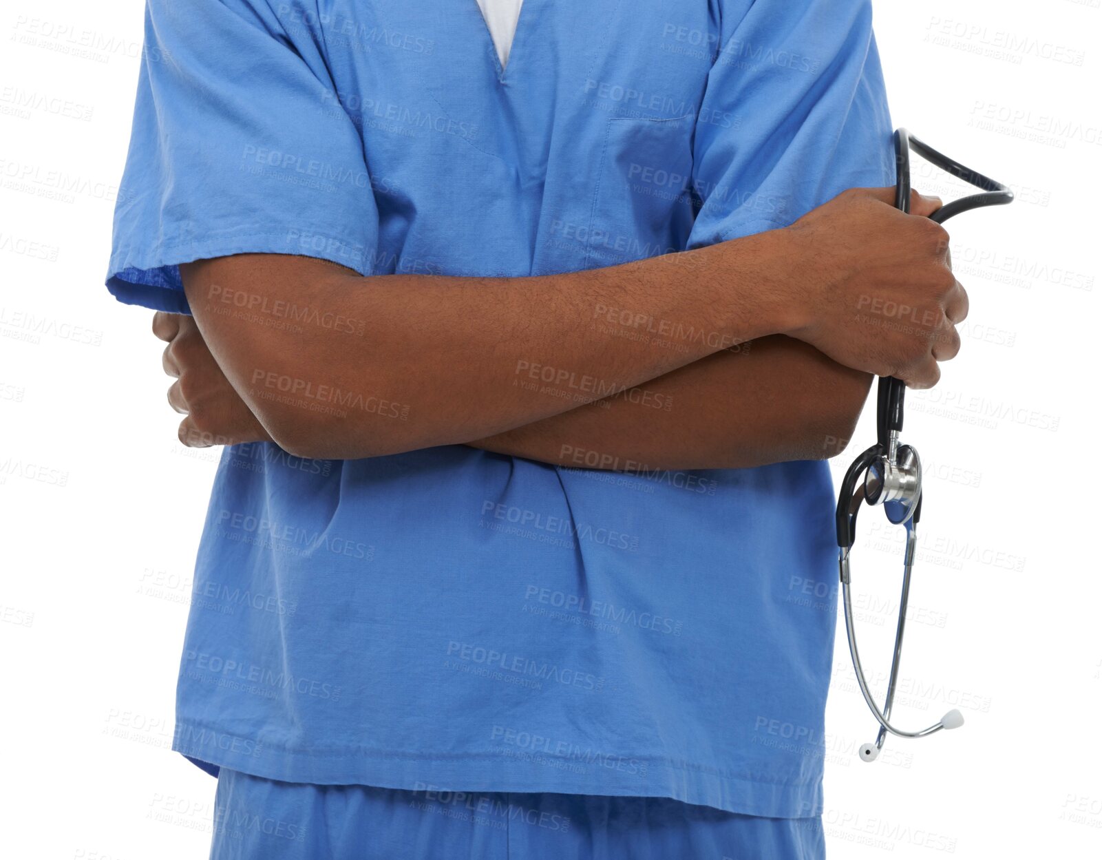 Buy stock photo Doctor, arms crossed or hands of person with stethoscope for heartbeat, breathing or health exam. Healthcare surgeon, job experience or closeup of nurse for cardiology support, help or clinic service