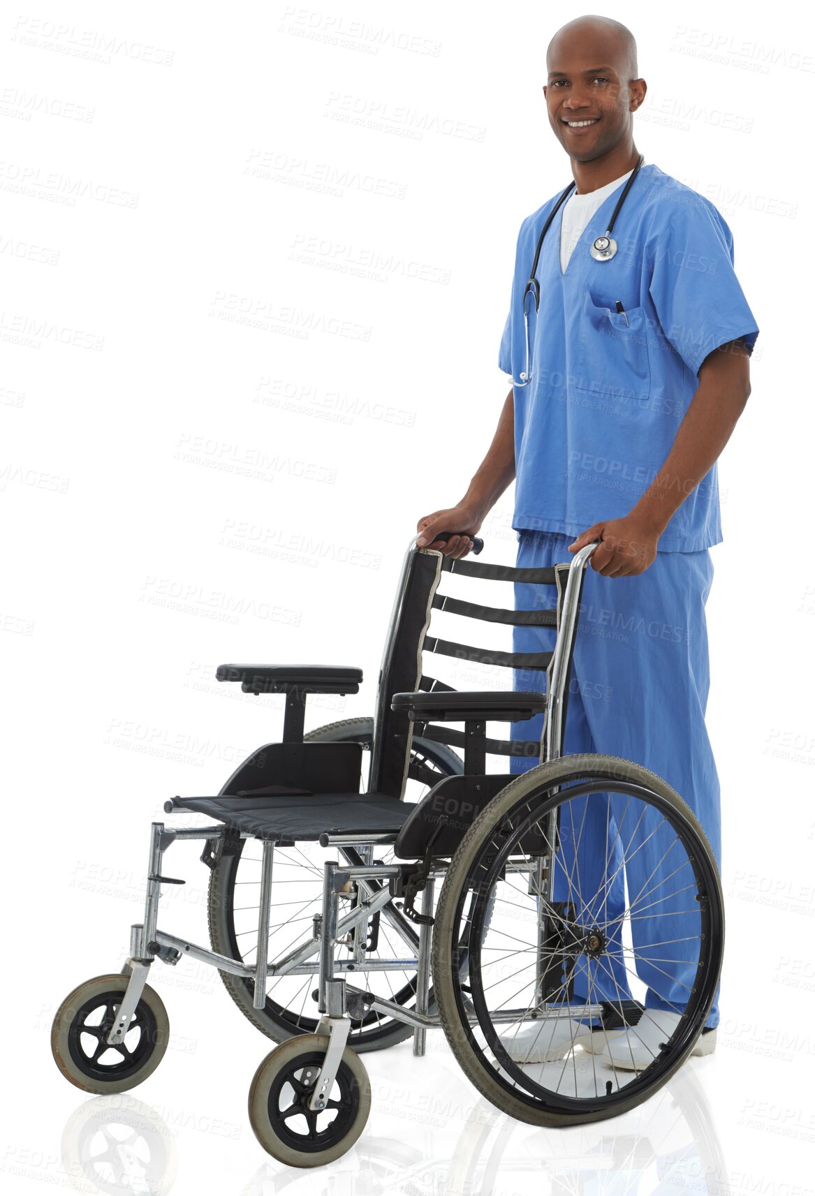 Buy stock photo Portrait, smile and doctor with a wheelchair, man and employee isolated on white studio background. African person, worker and physician with medical equipment, healthcare and happy with professional