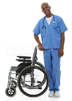 Buy stock photo Portrait, happy and doctor with a wheelchair, man and employee isolated on white studio background. African person, worker and physician with medical equipment, healthcare or career with professional