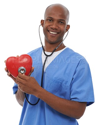 Buy stock photo Heart prop, portrait and man with a smile, doctor and employee isolated on a white studio background. Face, African person and model with happiness, professional and medical with cardiology or joyful