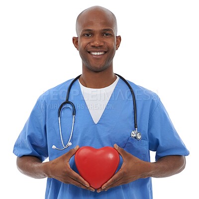 Buy stock photo Heart prop, portrait and man with healthcare doctor and employee isolated on a white studio background. Face, African person or model with happiness, professional and medical with cardiology or nurse