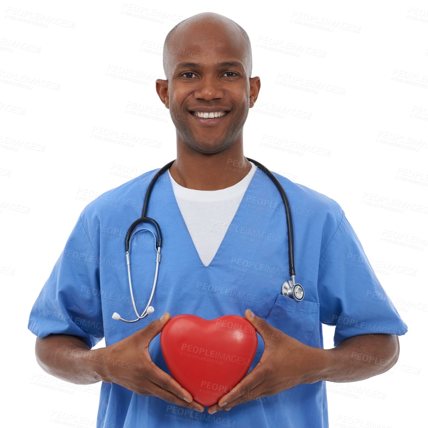 Buy stock photo Heart prop, portrait and man with healthcare doctor and employee isolated on a white studio background. Face, African person or model with happiness, professional and medical with cardiology or nurse