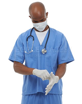 Buy stock photo Gloves, man or doctor with a mask, healthcare or employee isolated on white studio background. African person, model or worker with face cover, hospital policy or regulations for safety or protection