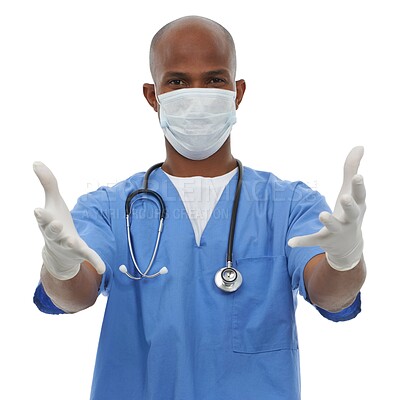 Buy stock photo Portrait, mask and gloves with doctor, man and professional isolated on a white studio background. Face cover, African person and model with regulations, policy and uniform with healthcare and safety
