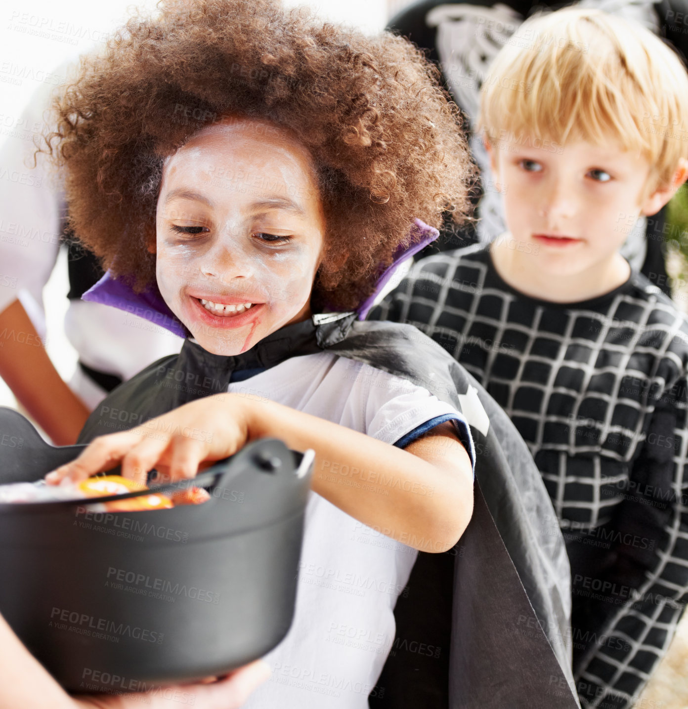 Buy stock photo Halloween, candy and kids at door of home for trick or treat tradition or celebration in costume. Smile, fantasy and fancy dress with group of children friends collecting sweets in neighborhood