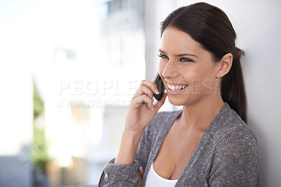 Buy stock photo Phone call, happy and business woman in office, communication and mobile conversation. Smartphone, smile and creative designer talking in chat to contact, connection or networking for news in startup